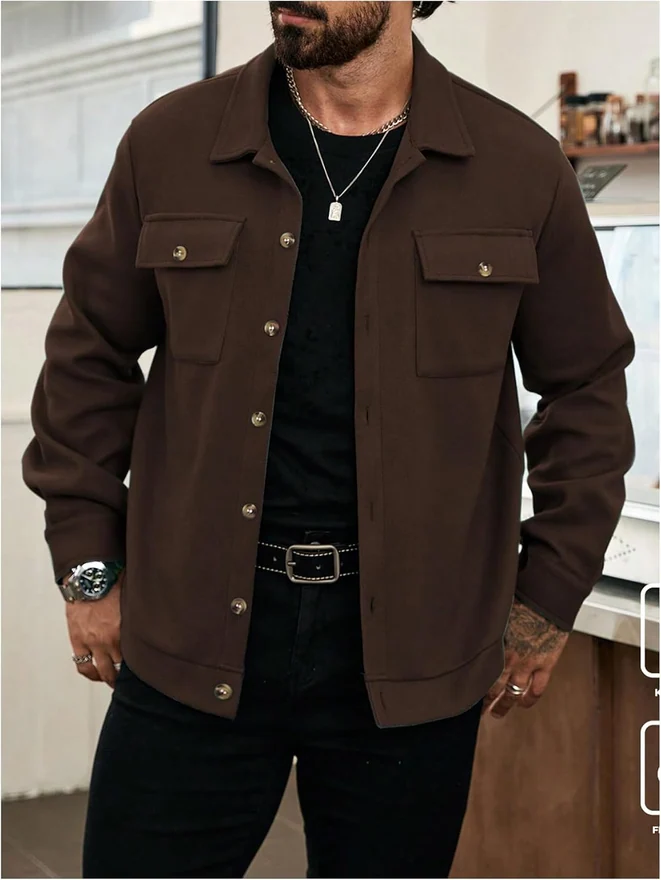 Long Sleeve Button Up Jacket Collared Neck Fall Shacket Coats by OYOANGLE, photograph 3 of 4