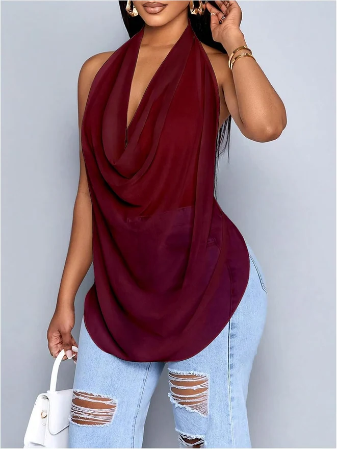 Cowl Neck Halter Tops for Women Backless See Through Draped Top by OYOANGLE, photograph 3 of 4