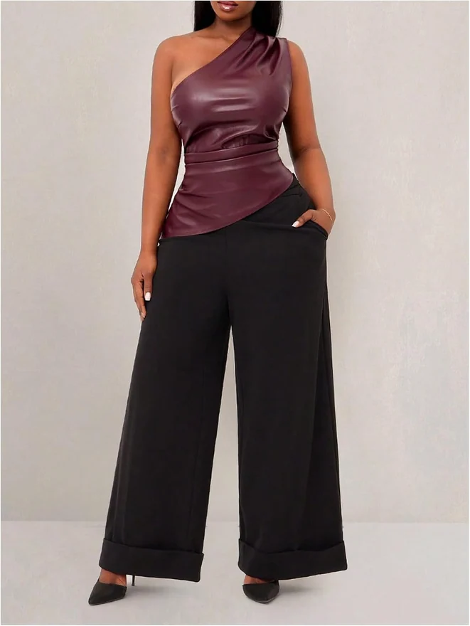 Plus Size Leather One Shoulder Tank Tops Burgundy by OYOANGLE, photograph 3 of 4
