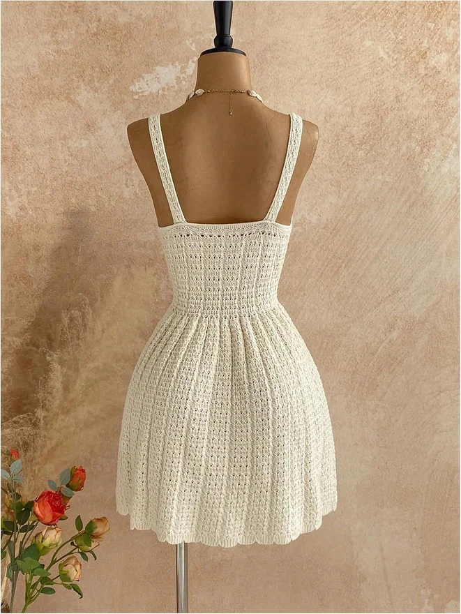 Crochet Dress Boho Hollow Out Ruffle Short Sweater Dress by OYOANGLE, photograph 2 of 3