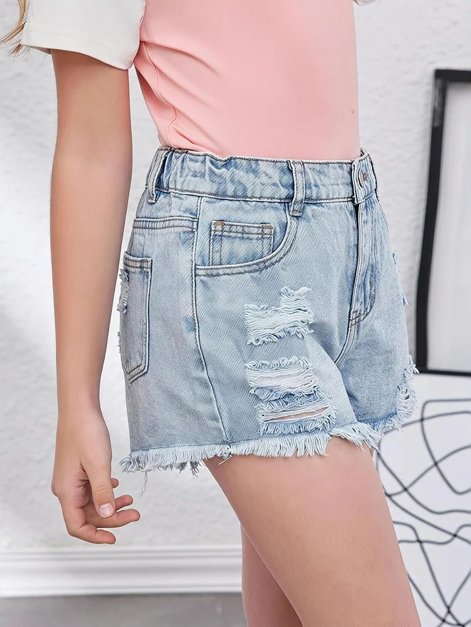 Girl's Cute Ripped Denim Shorts Raw Hem Jeans Shorts for Teen by OYOANGLE, photograph 4 of 4