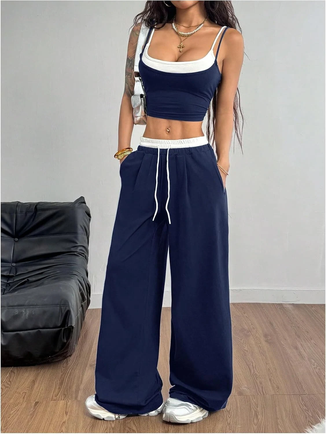 Y2k 2 Pieces Set 2 in 1 Crop Top and Wide Leg Pants Outfit by OYOANGLE, photograph 1 of 3