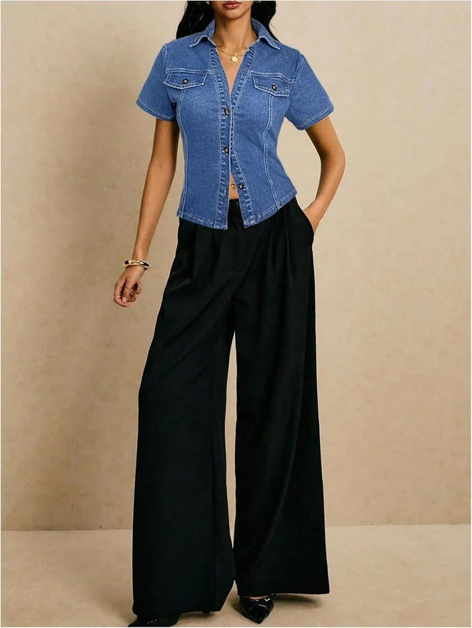 Summer Short Sleeve Button Down Denim Jackets Top Blouse by OYOANGLE, photograph 3 of 4