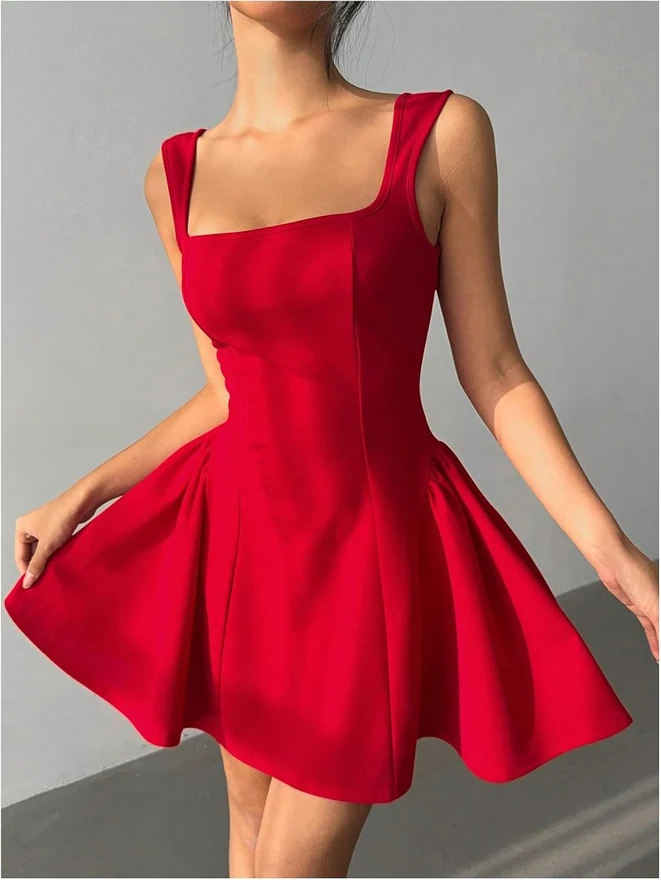 Open Back Bow Mini Ruffle Dress Square Neck Sleeveless Short by OYOANGLE, photograph 2 of 4