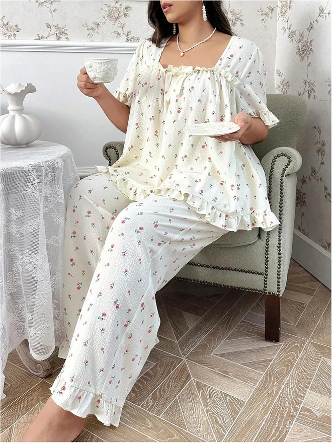 Plus Size Pajama Set Floral Short Sleeve Sleepwear Pjs by OYOANGLE