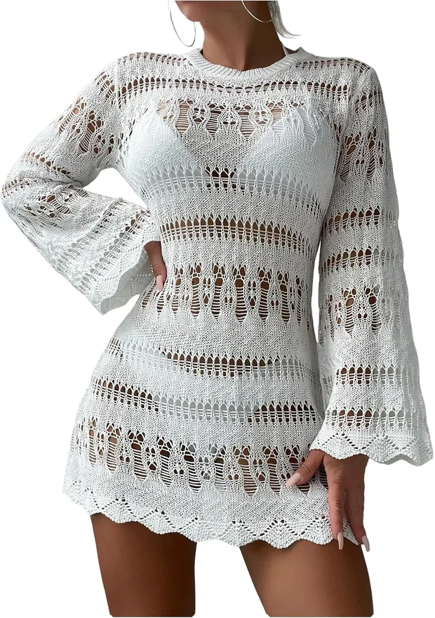 Crochet Bathing Suit Cover Up Long Bell Sleeve Beach Dress by OYOANGLE