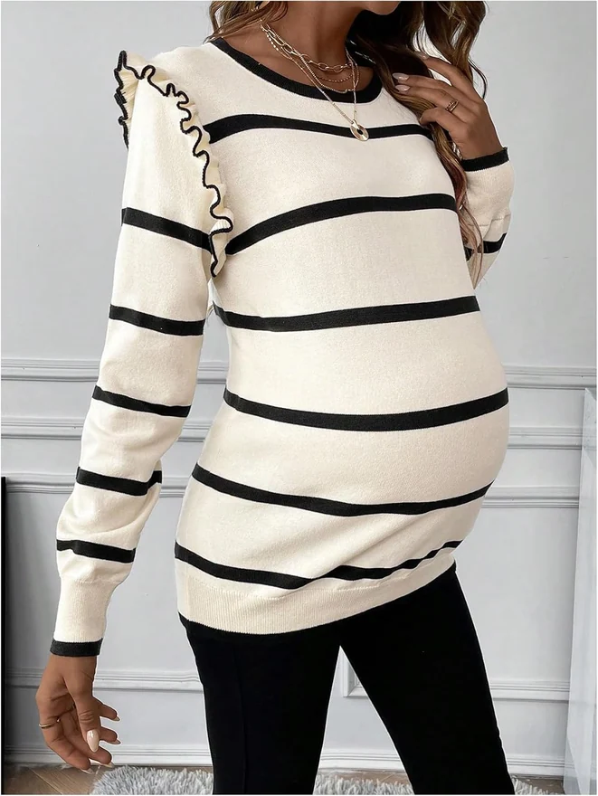 Maternity Striped Frill Trim Sweater Crewneck Long Sleeve Knit by OYOANGLE, photograph 2 of 4