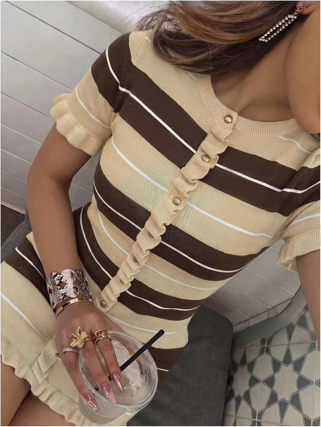 Striped Short Sleeve Sweater Dress Bodycon Fall Mini Dress by OYOANGLE, photograph 3 of 4