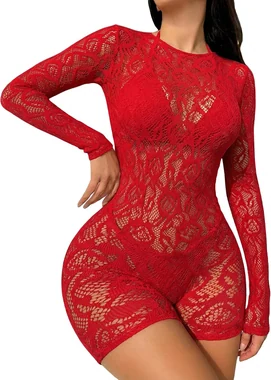 Floral Lace Sheer Mesh Hollow Out Bodysuit Romper Jumpsuit in Red