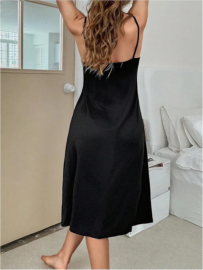 Silky Satin Nightgowns Spaghetti Strap Lace Slip Dress Sleepwear by OYOANGLE