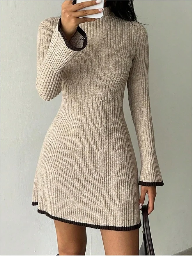Ribbed Knit Mini Sweater Dresses Fall Bodycon Short Dress by OYOANGLE, photograph 2 of 3