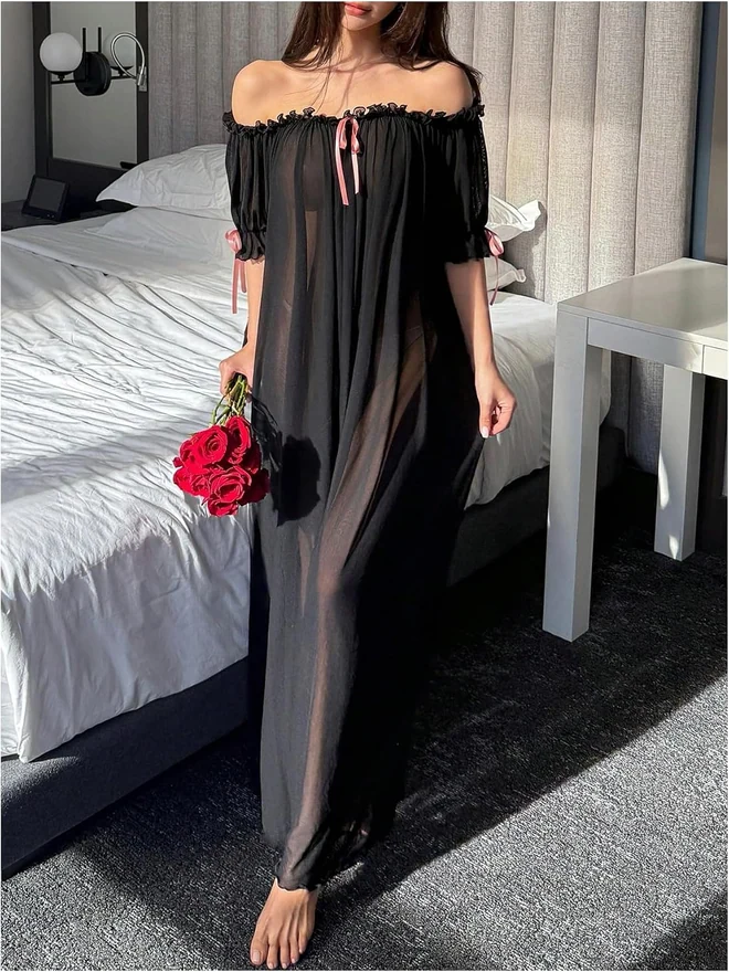 Off The Shoulder Sheer Nightgowns Puff Sleeve Sleep Dress by OYOANGLE, photograph 2 of 3
