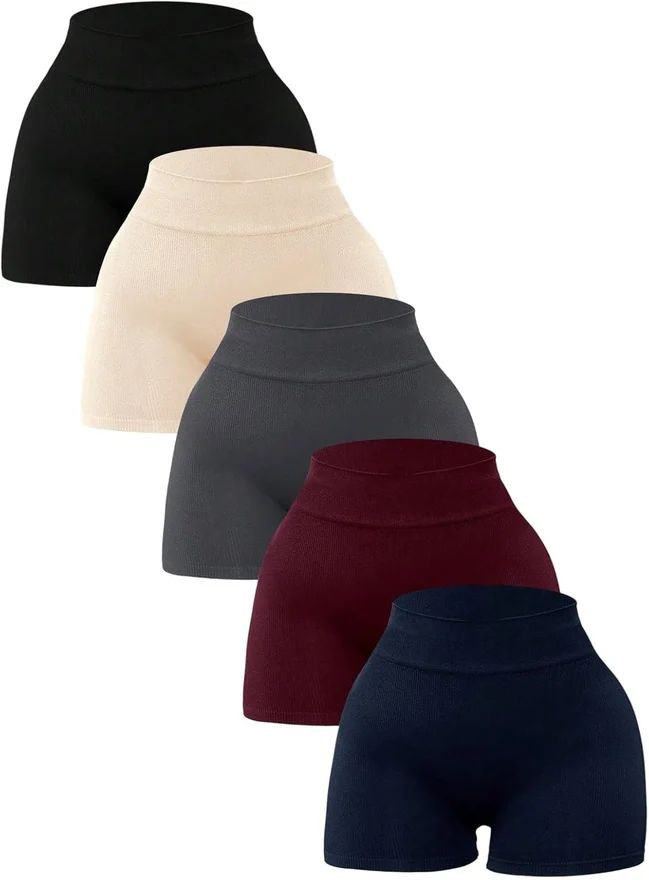 5 Pack Ribbed Biker High Waisted Workout Gym Shorts by OYOANGLE