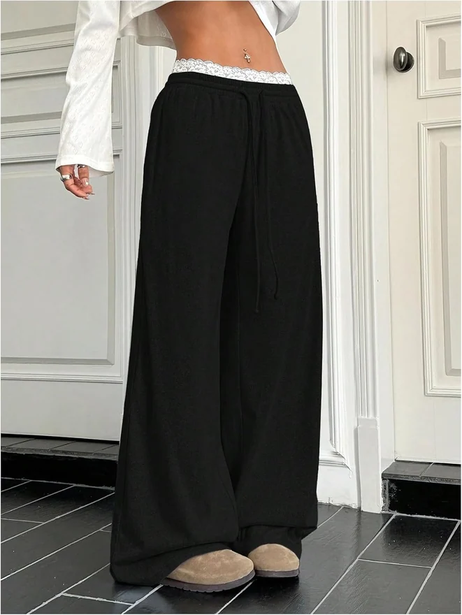 Lace Trim Wide Leg Sweatpants Drawstring Elastic Waist Loose by OYOANGLE, photograph 2 of 3