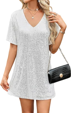 Sequin Sparkly Short Sleeve Tunic Tshirt Dress Loose Glitter in Bright White