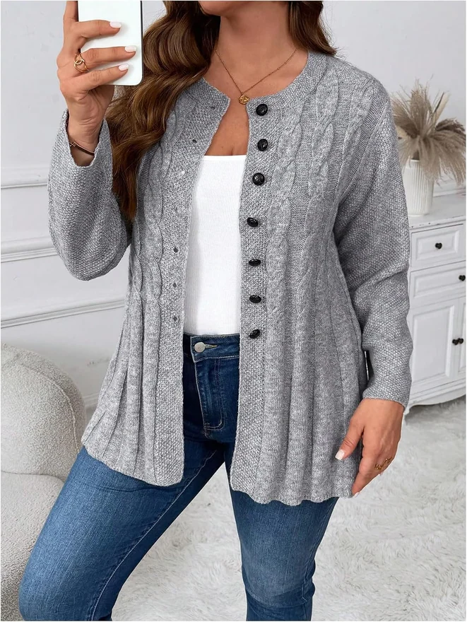 Plus Size Cable Knit Button Down Cardigan Sweater Crew Neck by OYOANGLE, photograph 2 of 2