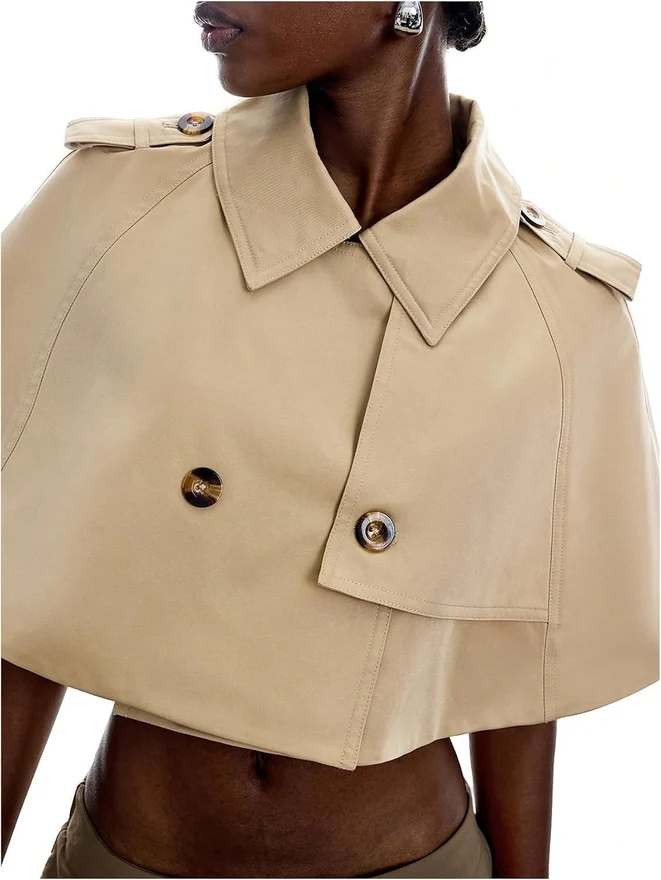 Double-Breasted Cropped Trench Coat Y2k Short Cape Jacket by OYOANGLE, photograph 4 of 4