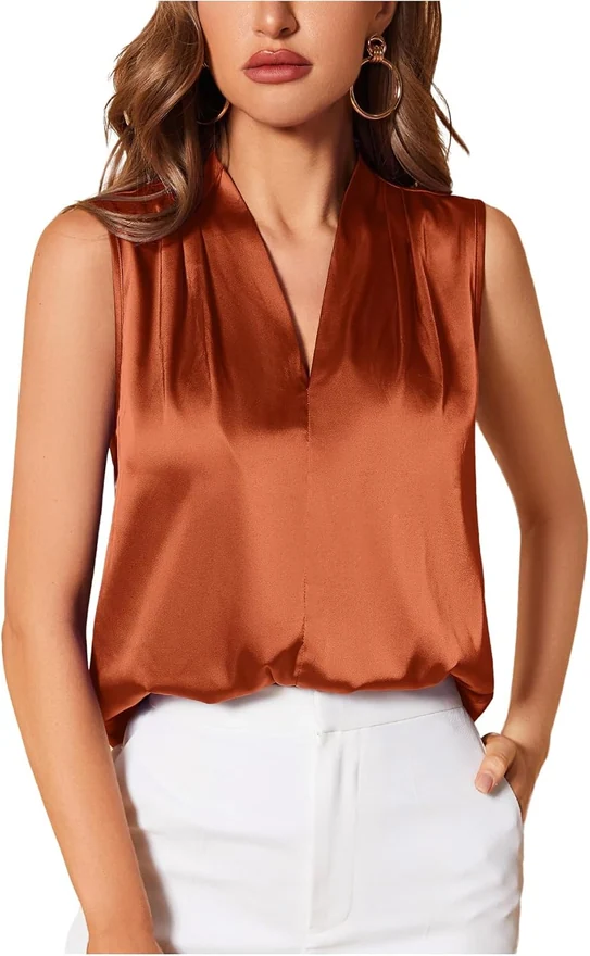 Pleated V Neck Silky Satin Blouse Sleeveless Office Shirt by OYOANGLE