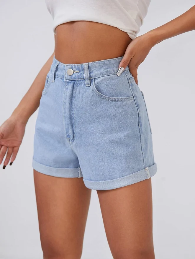 High Waisted Rolled Hem Straight Leg Denim Shorts by OYOANGLE, photograph 4 of 4