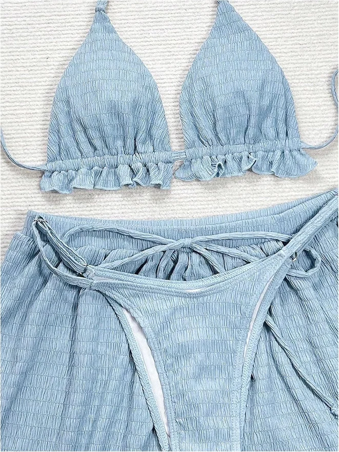 3 Piece Textured Bikini Set Ruffle Triangle Thong Swimsuit by OYOANGLE, photograph 2 of 4