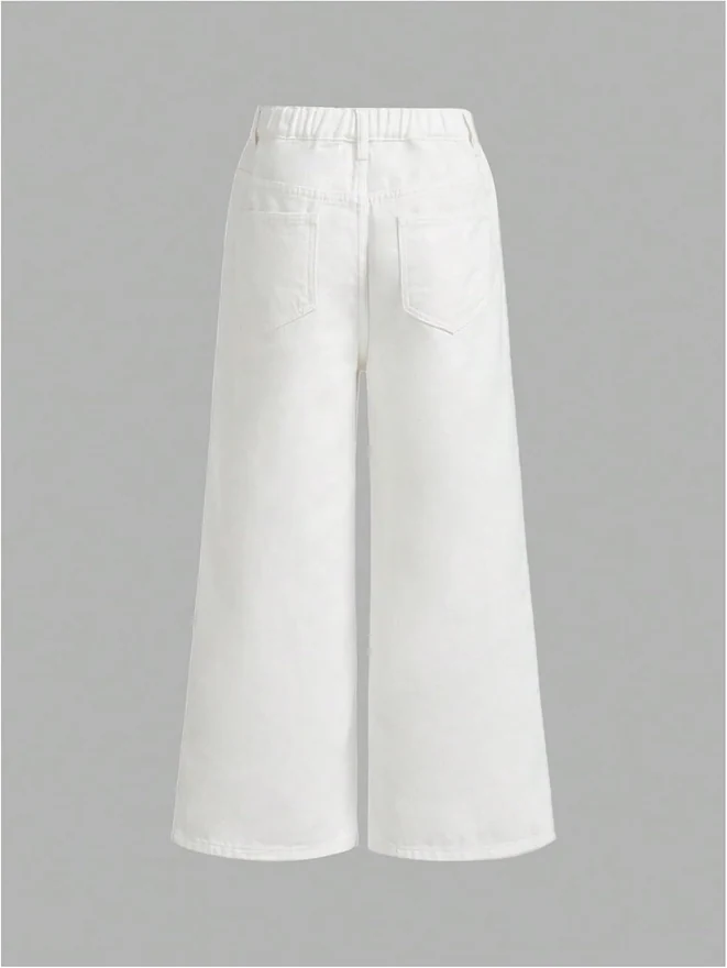 Girl's Wide Leg Jeans Y2K Zipper Fly Baggy Cropped Denim Pants by OYOANGLE