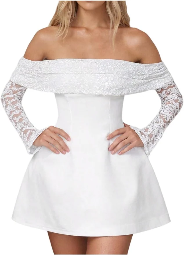 Floral Lace Off The Shoulder Dress Cocktail Mini Dresses White by OYOANGLE, photograph 2 of 4
