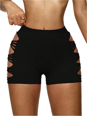 Workout Shorts Cut Out High Waisted Athletic Gym Yoga Booty in Black