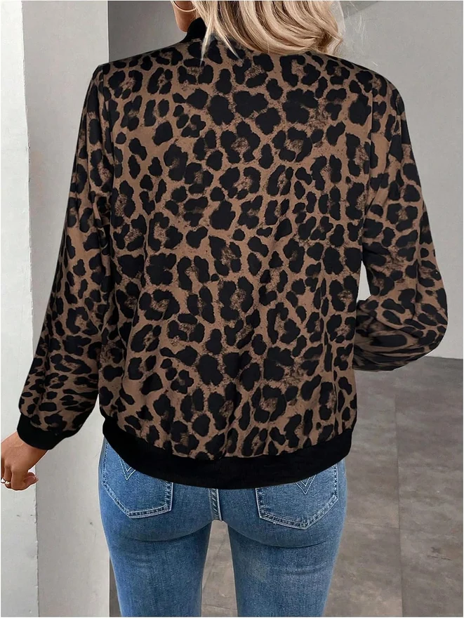 Cheetah Print Zip Up Jacket Long Sleeve Casual Lightweight by OYOANGLE, photograph 3 of 4