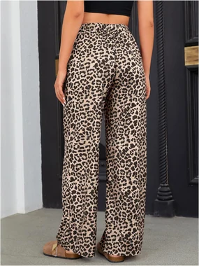 Leopard Print Elastic High Waist Long Pants in Light Brown