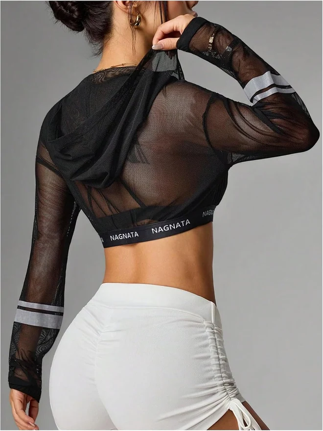 Y2k Cropped Gym Hoodie Sheer Mesh Zip Up Sports Hoodies by OYOANGLE, photograph 2 of 4