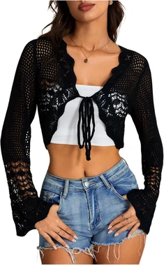 Crochet Tie Front Cardigan Sweater Bolero Shrug Brown in Black