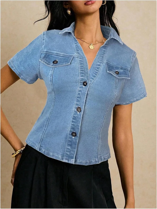 Summer Short Sleeve Button Down Denim Jackets Top Blouse by OYOANGLE, photograph 2 of 4