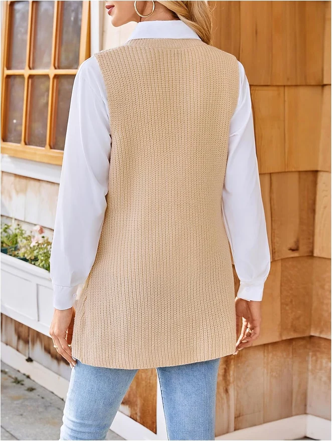 Slit Hem Crew Neck Knit Sweater Vest Tunic Sleeveless Pullover by OYOANGLE