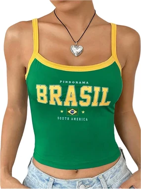 Vintage Graphic Brazil Shirt Y2k Tank Top Yellow in Dark Green