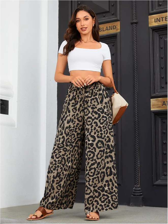 Leopard Print Elastic High Waist Wide Leg Pants by OYOANGLE, photograph 3 of 3