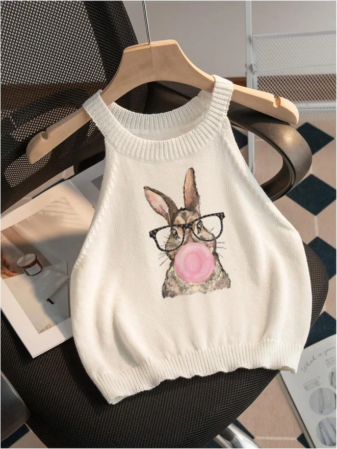 Bunny Halter Sweater Vest Lightweight Cropped Tank Tops by OYOANGLE, photograph 2 of 4