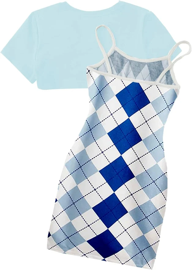 Girl's Cute 2 Piece Outfits Print Cami Short Dress with Crop Top by OYOANGLE
