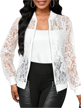 Lace Sheer Long Sleeve Bomber Jackets in White