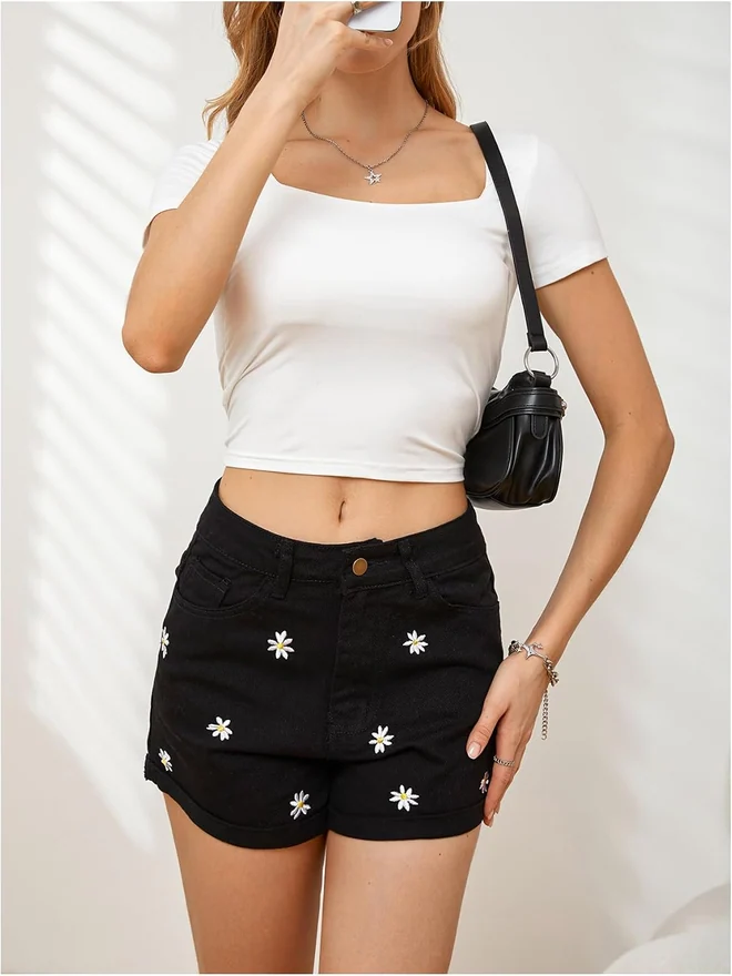Floral Denim Shorts Wide Leg Embroidered Jean Shorts by OYOANGLE, photograph 4 of 4