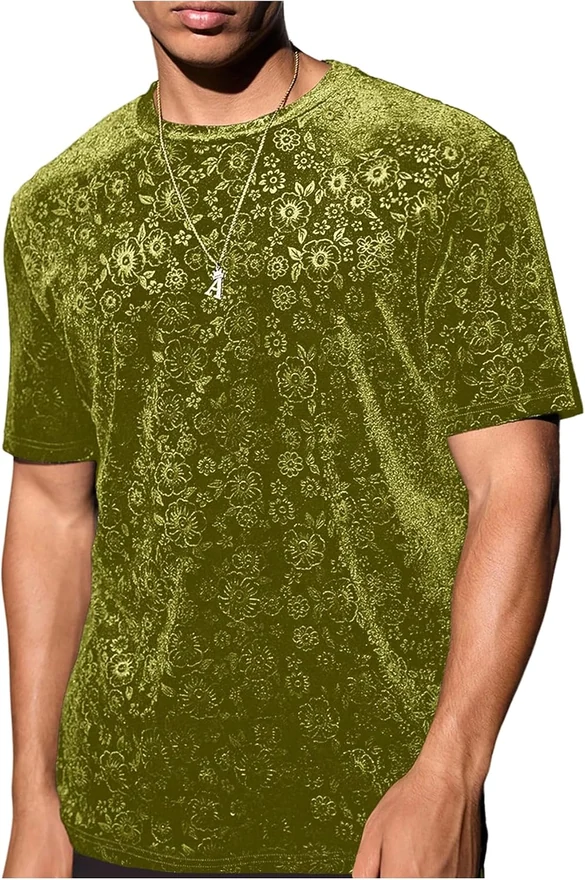 Velvet Crew Neck T Shirt Floral Sparkle Short Sleeve Shirt by OYOANGLE