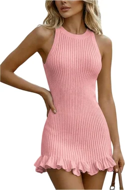 Ribbed Knit Mini Sweater Dress Y2k Ruffle Hem Tank Dresses in Pink