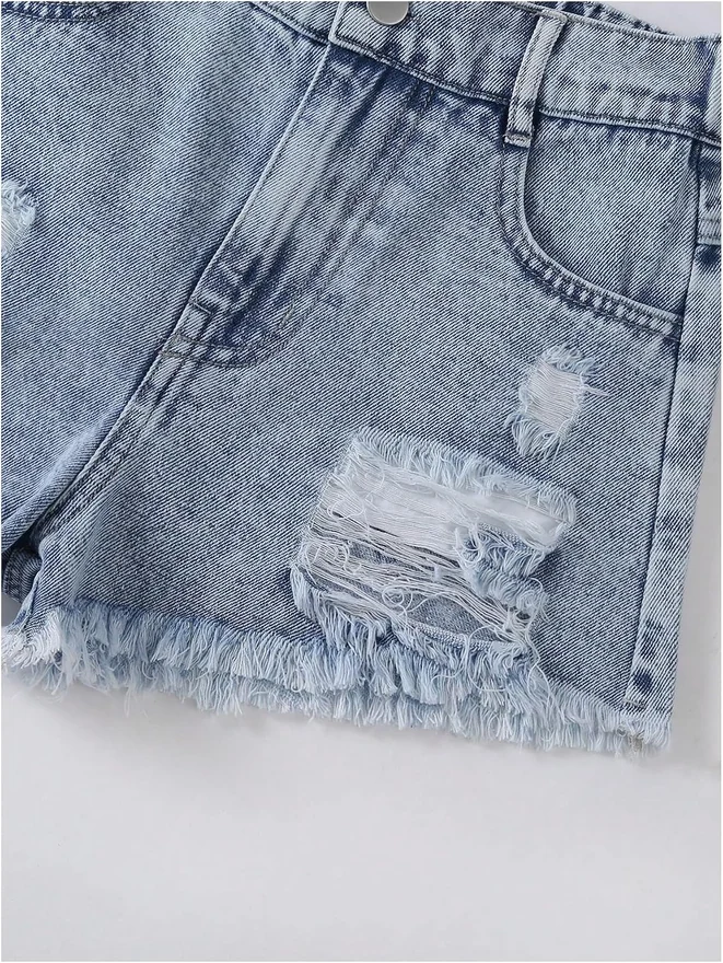 Girl's Ripped Denim Shorts Mid Rise Frayed Raw Hem Jean Shorts by OYOANGLE, photograph 4 of 4