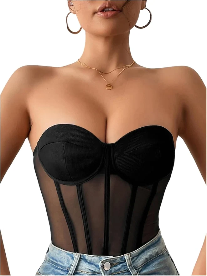 Mesh Strapless Corset Bodysuit Party Club Sheer Tube Tops by OYOANGLE