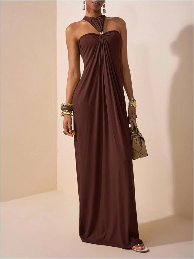 Twist Halter Maxi Dress Sleeveless Wedding Guest Dress by OYOANGLE, photograph 3 of 3