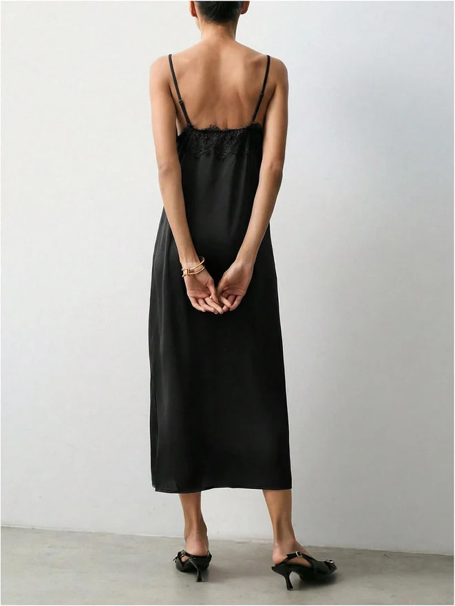 Satin Dress Lace Trim Spaghetti Strap V Neck Silky Long Slip by OYOANGLE