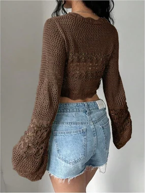 Crochet Tie Front Cardigan Sweater Bolero Shrug Brown in Brown