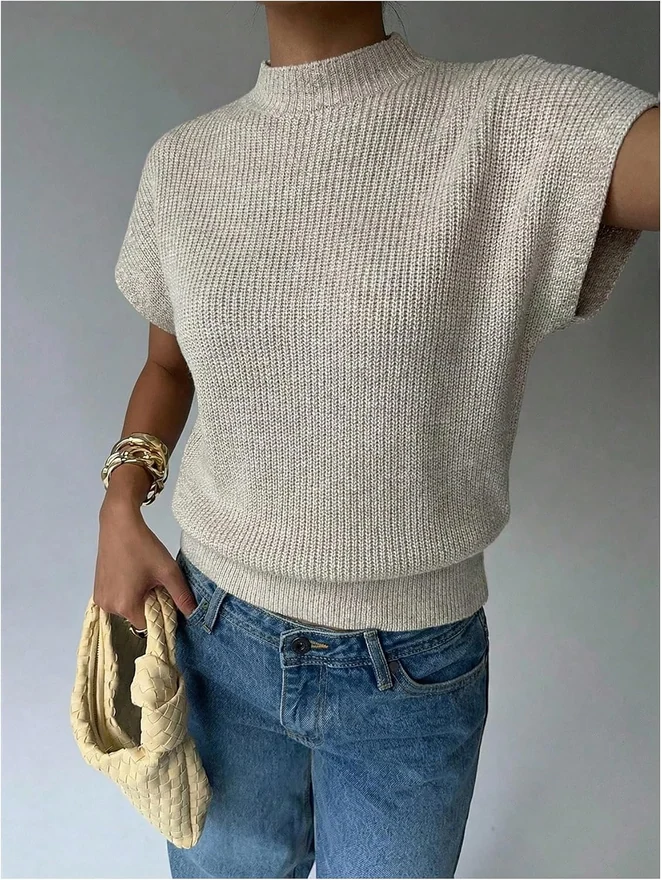 Short Sleeve Sweaters Mock Neck Dressy Pullover Knit Tops by OYOANGLE, photograph 4 of 4