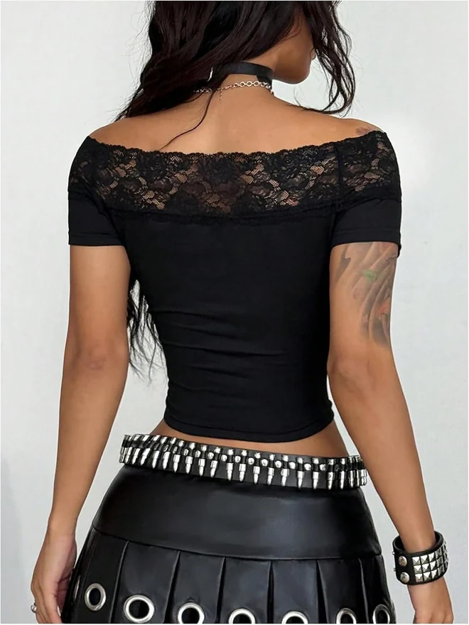 Y2K Lace Off The Shoulder Crop Top Gothic Grunge T Shirt by OYOANGLE, photograph 2 of 4