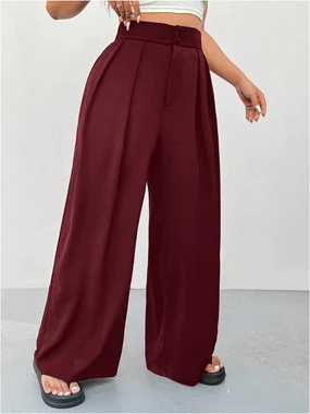 Plus Size High Waisted Wide Leg Work Dressy Pants Black in Burgundy