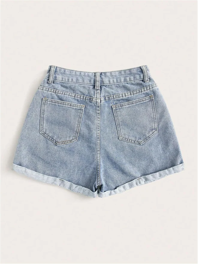 Denim High Rise Zipper Fly Rolled Hem Jean Shorts by OYOANGLE, photograph 3 of 4